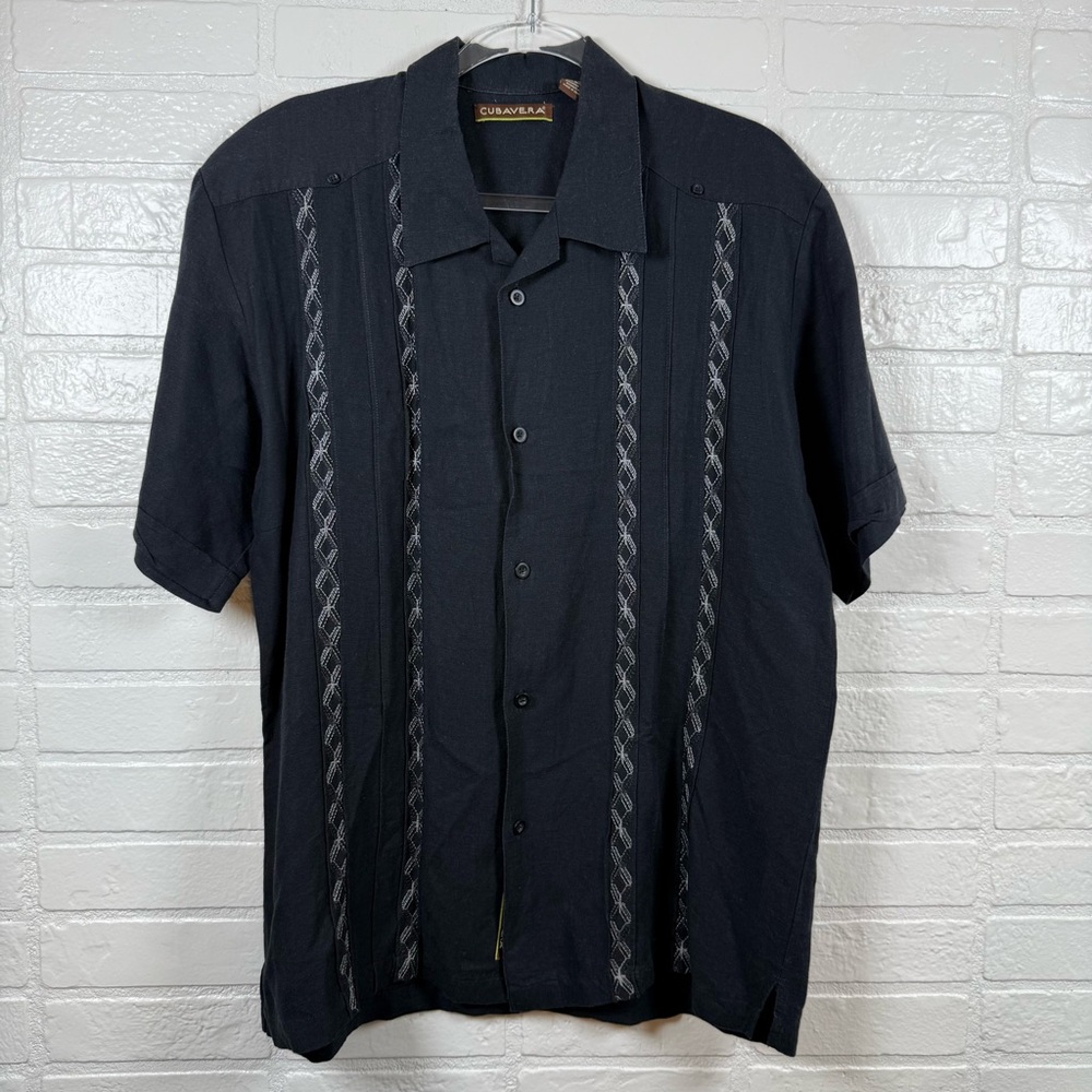 Cubavera Shirt Men Large Black Aztec Linen Blend Short Sleeve Coastal Core Boho
